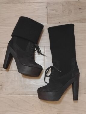 Women's Brown Lace-Up Platform Knit Ankle Boots